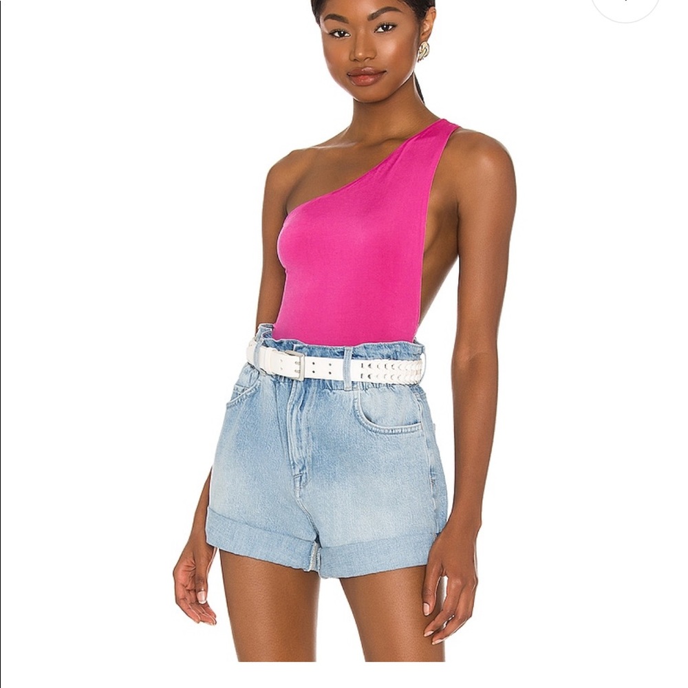 Bright pink superdown body suit.